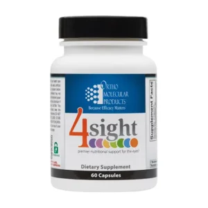 Ortho Molecular Products 4Sight supplement bottle, highlighting key ingredients for eye health such as Alpha Lipoic Acid, Ginkgo Biloba, and Carotenoids, in a clean and professional packaging design