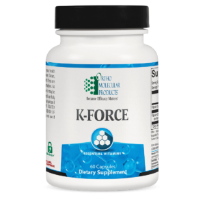Close-up view of Orthomolecular Products' K-Force supplement label, featuring essential information on Vitamin K2 as MK-7 and Vitamin D3 to support bone and heart health.